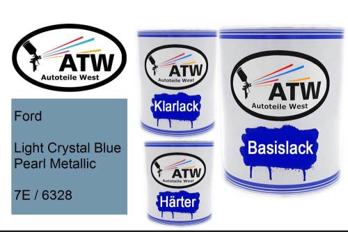 Ford, Light Crystal Blue Pearl Metallic, 7E / 6328: 1L Lackdose + 1L Klarlack + 500ml Härter - Set, von ATW Autoteile West.